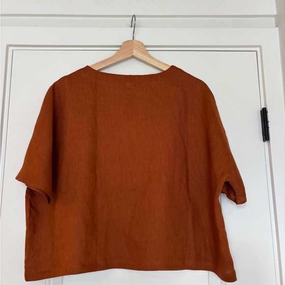 LINTICO 100% Linen Boxy Cropped Rust Terracotta Short Sleeve Blouse NWT Medium - Picture 3 of 8